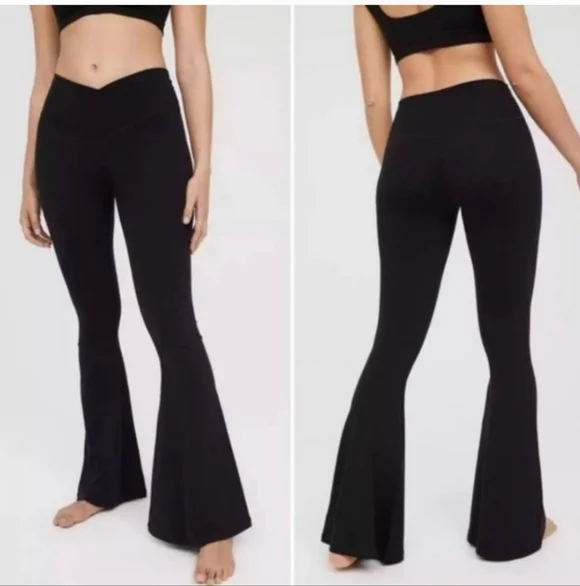 OFFLINE By AERIE Real Me High Waisted Crossover Flare Leggings Black Size Large - Picture 3 of 10